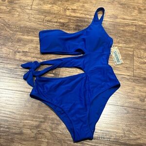 Royal blue open waist one piece bathing suit by Shekini